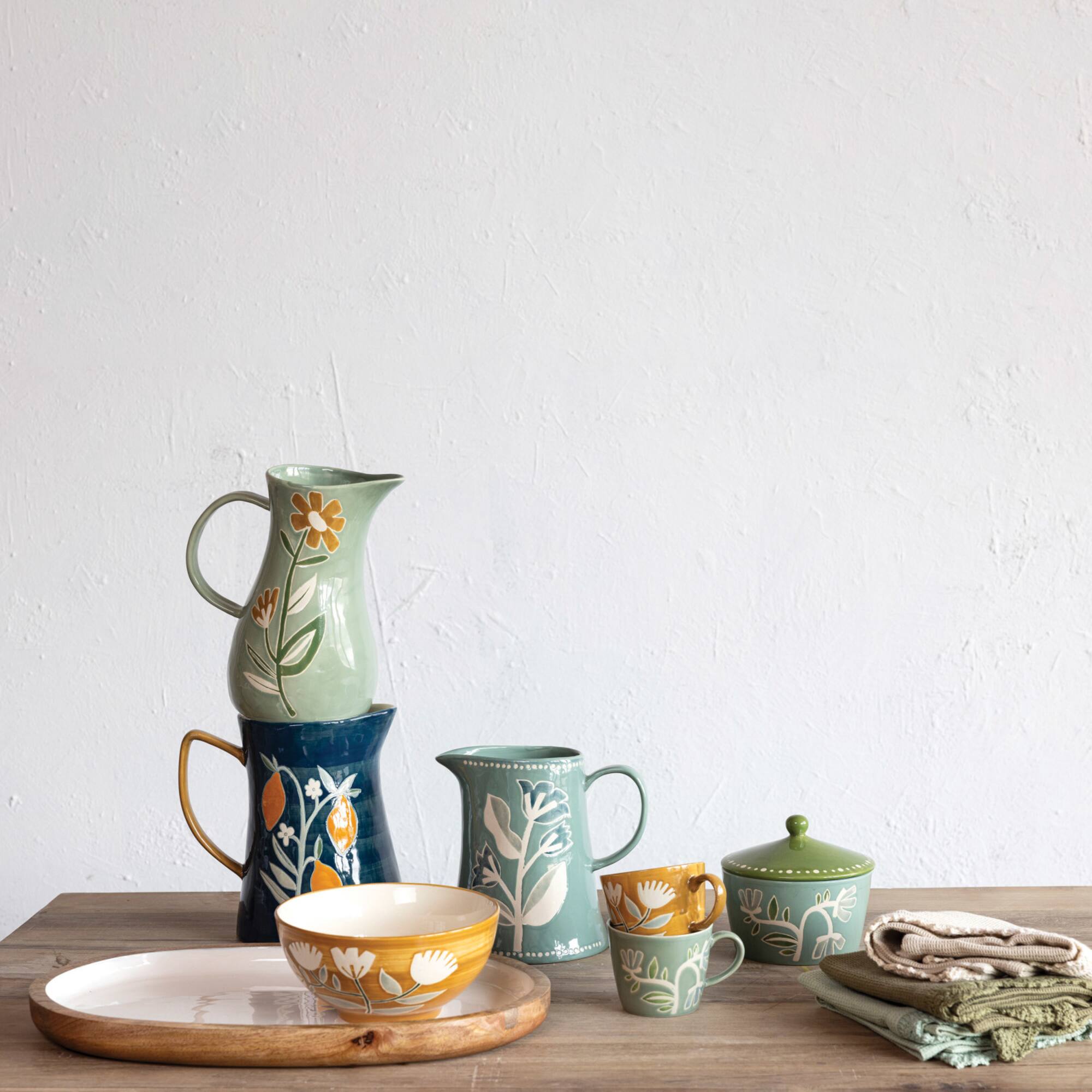 Hello Honey® 8" Blue Hand-Painted Wax Relief Pattern Stoneware Pitcher